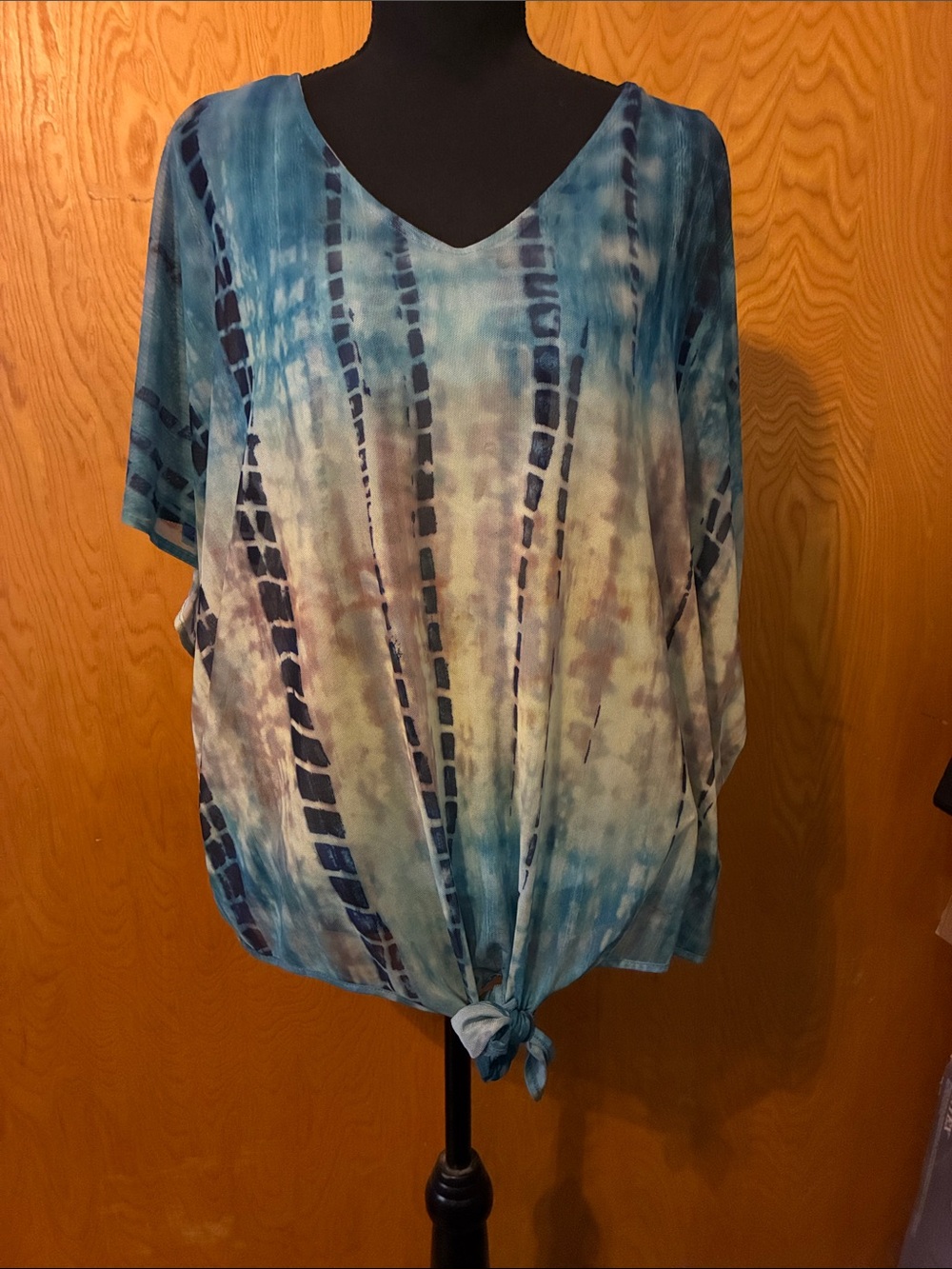 ONE WORLD Blue Tie-Dye V-Neck Tunic with Front Knot